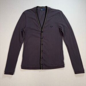 Fred Perry‎ V-Neck Cardigan Men's S Gray Cotton Logo Embroidery Preppy Knit